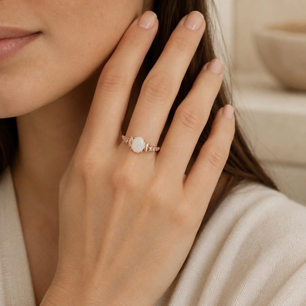 Opal Ring aus Roségold mit Mondsicheln und Ziersteinen