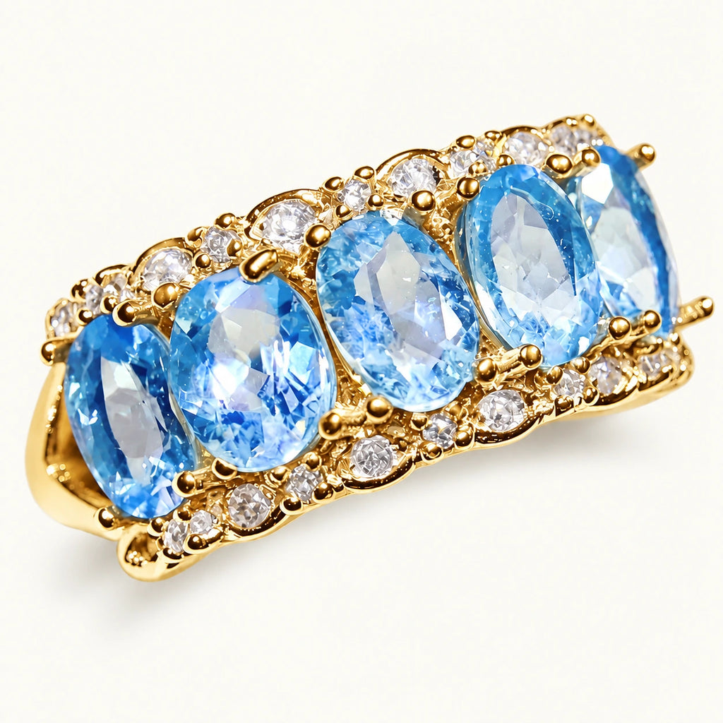 Aquamarin Ring Gold aus 925er Silber mit fünf ovalen Steinen und Kristallbesatz