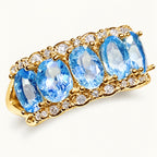 Aquamarin Ring Gold aus 925er Silber mit fünf ovalen Steinen und Kristallbesatz