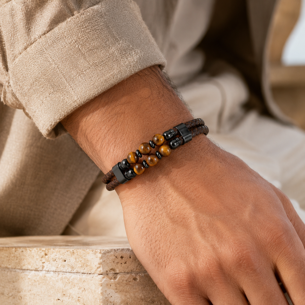 Zweireihiges Tigerauge Lederarmband