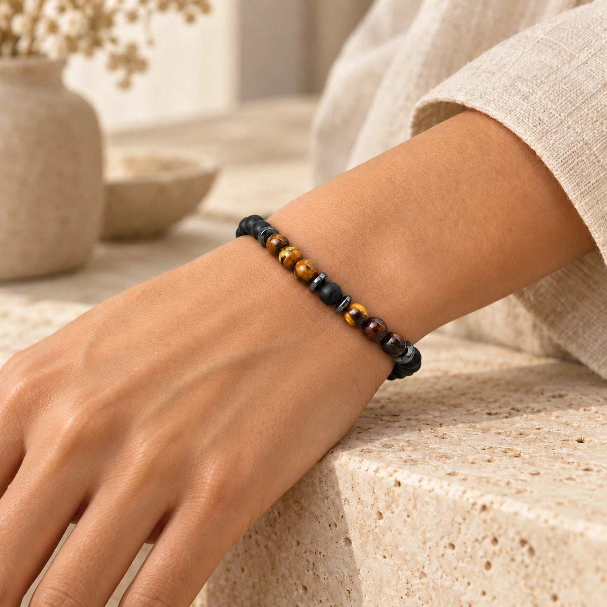 Onyx Armband mit Tigerauge und 6 mm Perlen