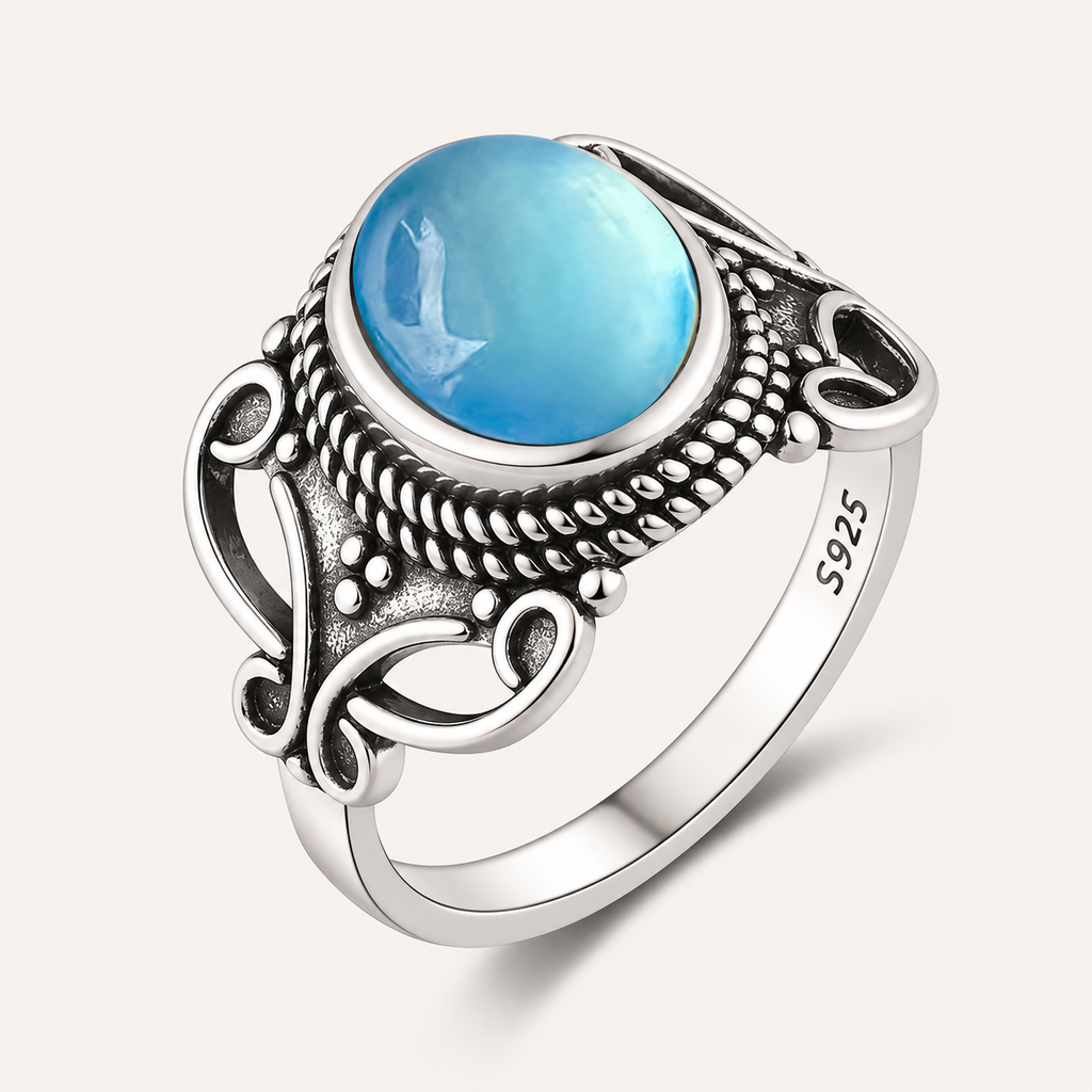 Aquamarin Ring aus 925er Silber mit Volutenmuster