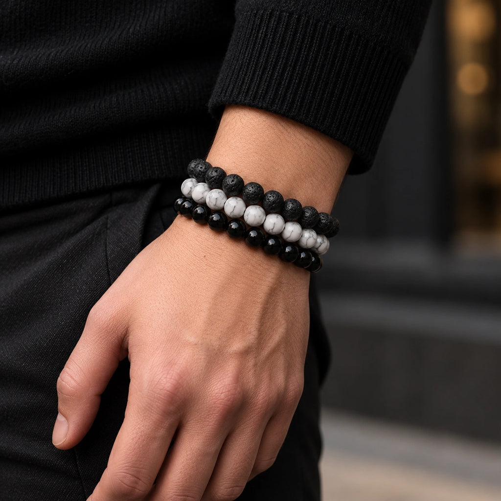 Onyx Armbänder Set mit Howlith und Lavastein