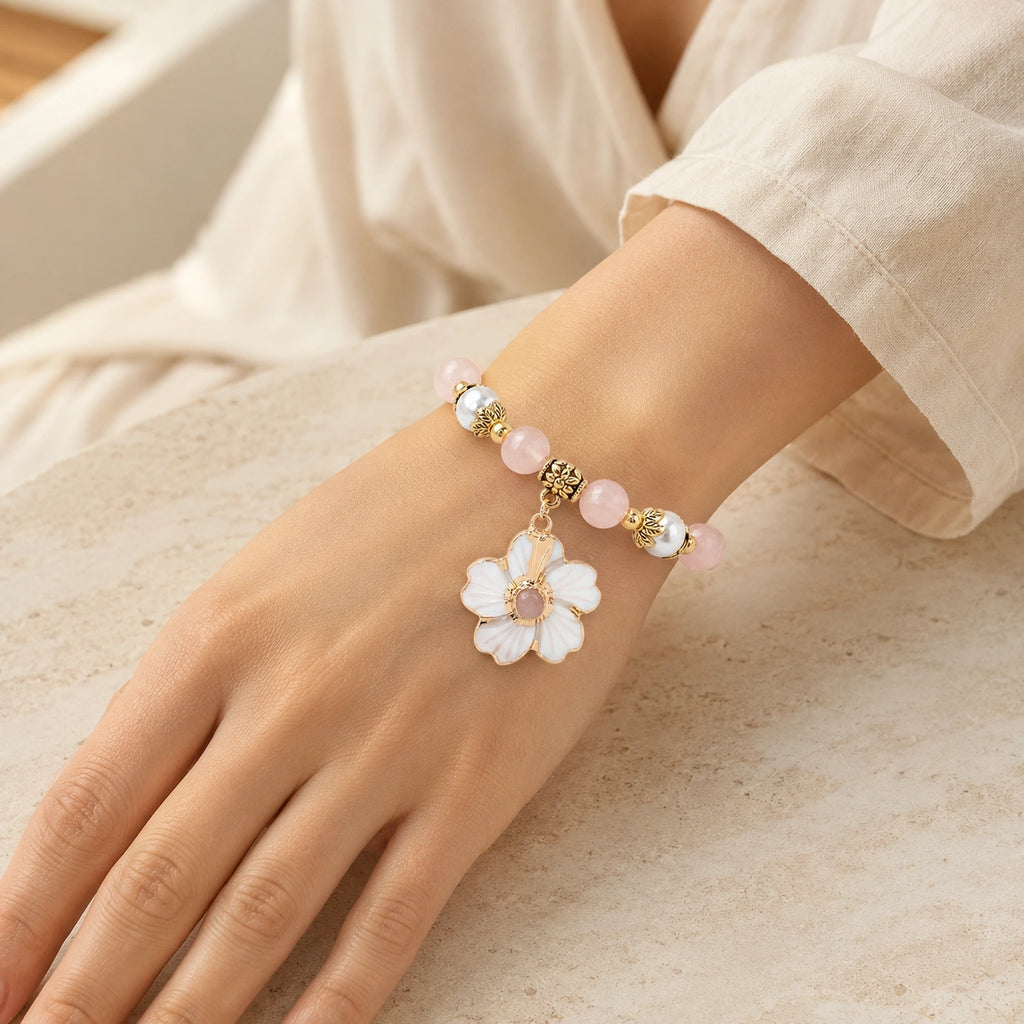 Rosenquarz Armband mit Perlen und Blütenanhänger