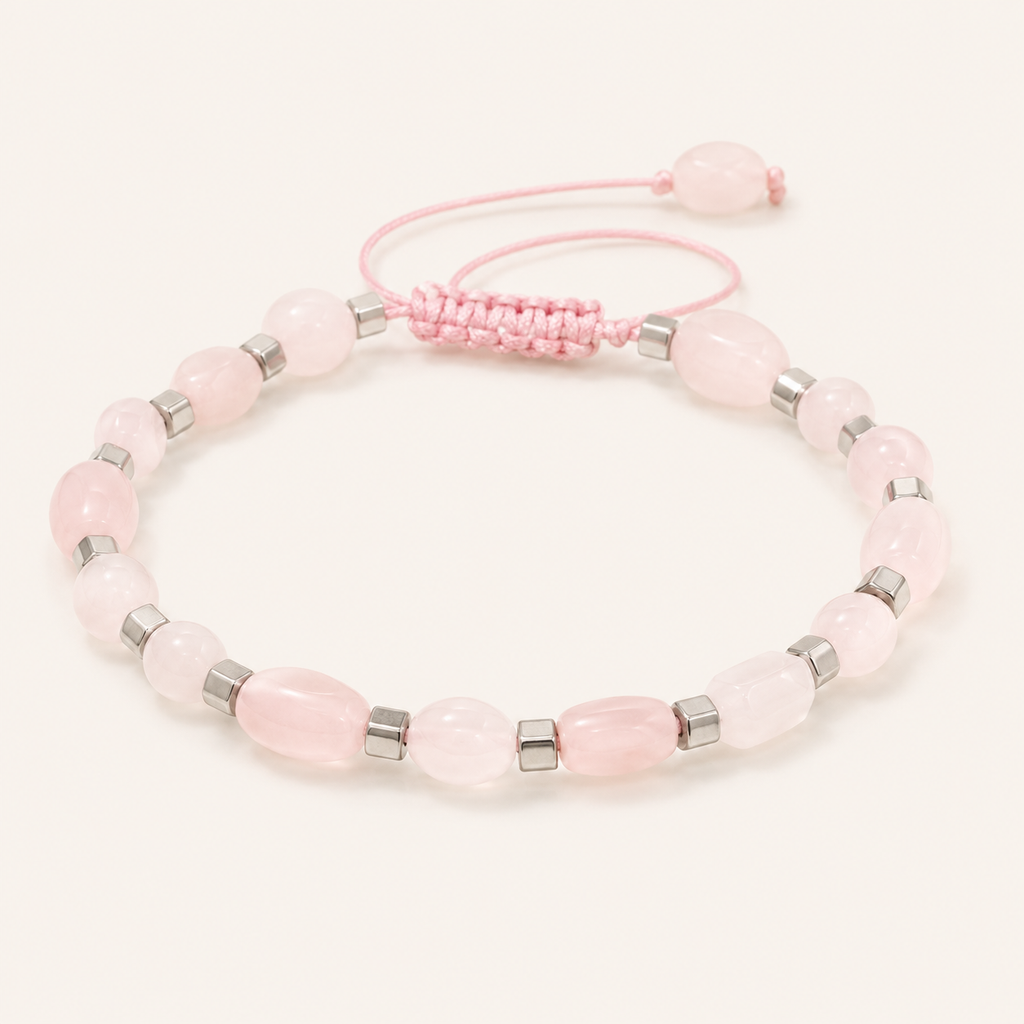 Rosenquarz Makramee Armband mit länglichen Perlen