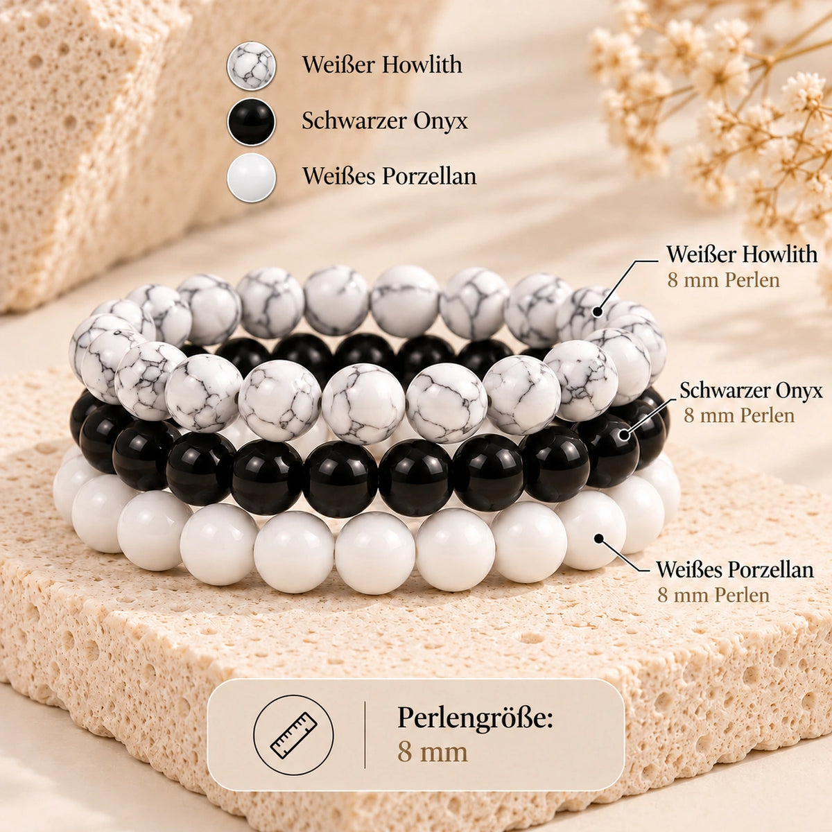 Onyx Armbänder Set mit schwarzen und weißen Howlith-Perlen
