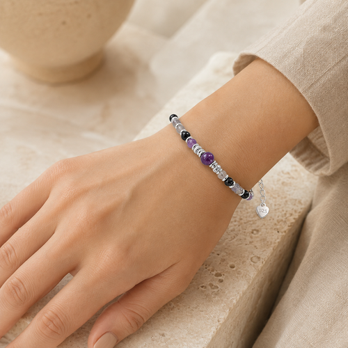 Amethyst Armband mit Obsidian und zentraler Kugel