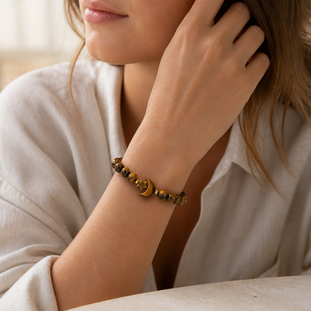 Tigerauge Armband mit Mond- und Sternmotiv