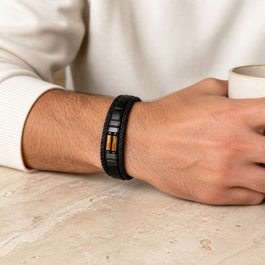 Tigerauge Herren Lederarmband mit zwei Zylindersteinen