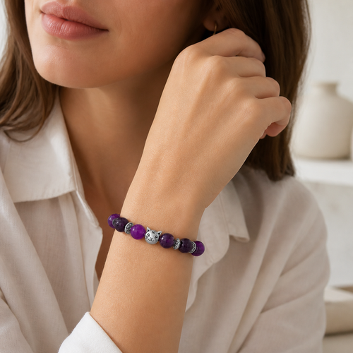 Amethyst Perlenarmband mit Katzenmotiv