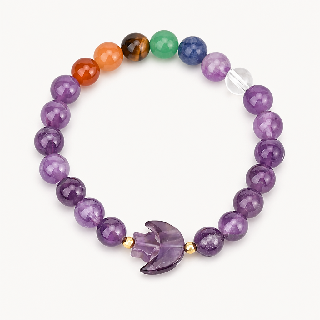 Amethyst Armband mit Halbmond und bunten Steinperlen