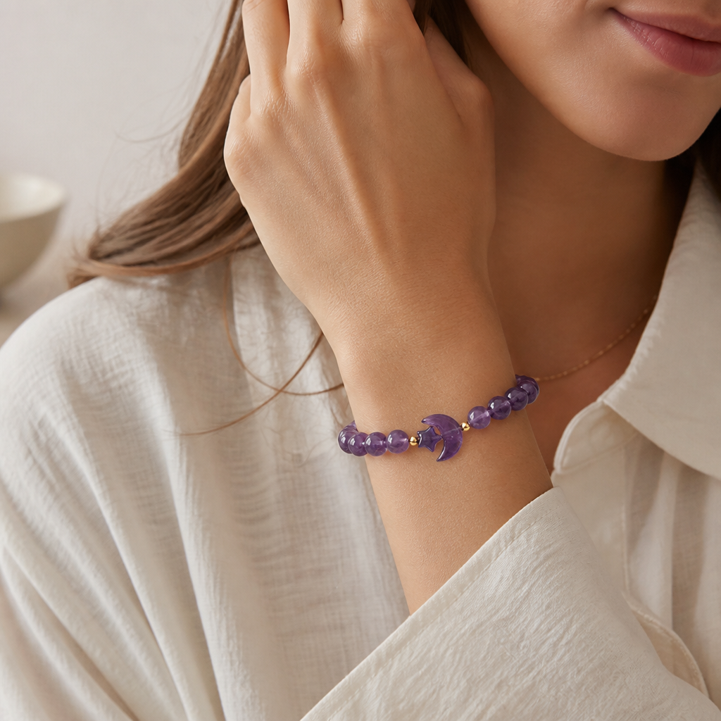 Amethyst Perlenarmband mit Mond und Stern