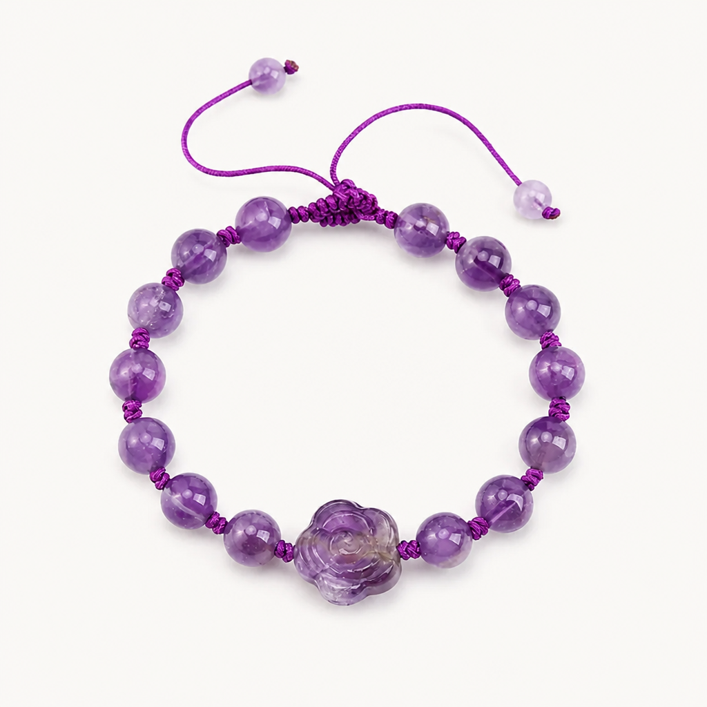 Amethyst Makramee Armband mit Rosenmotiv