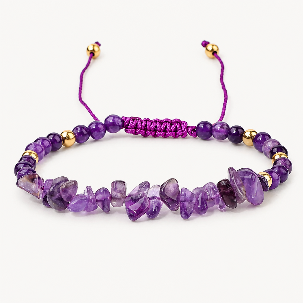 Verstellbares Amethyst Splitterarmband mit Makrameeverschluss