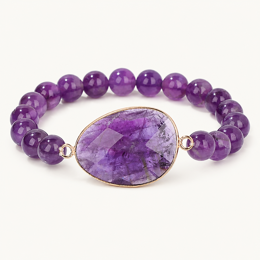 Amethyst Perlenarmband mit großem ovalem Mittelstein