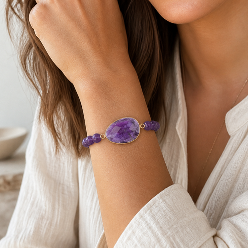 Amethyst Perlenarmband mit großem ovalem Mittelstein
