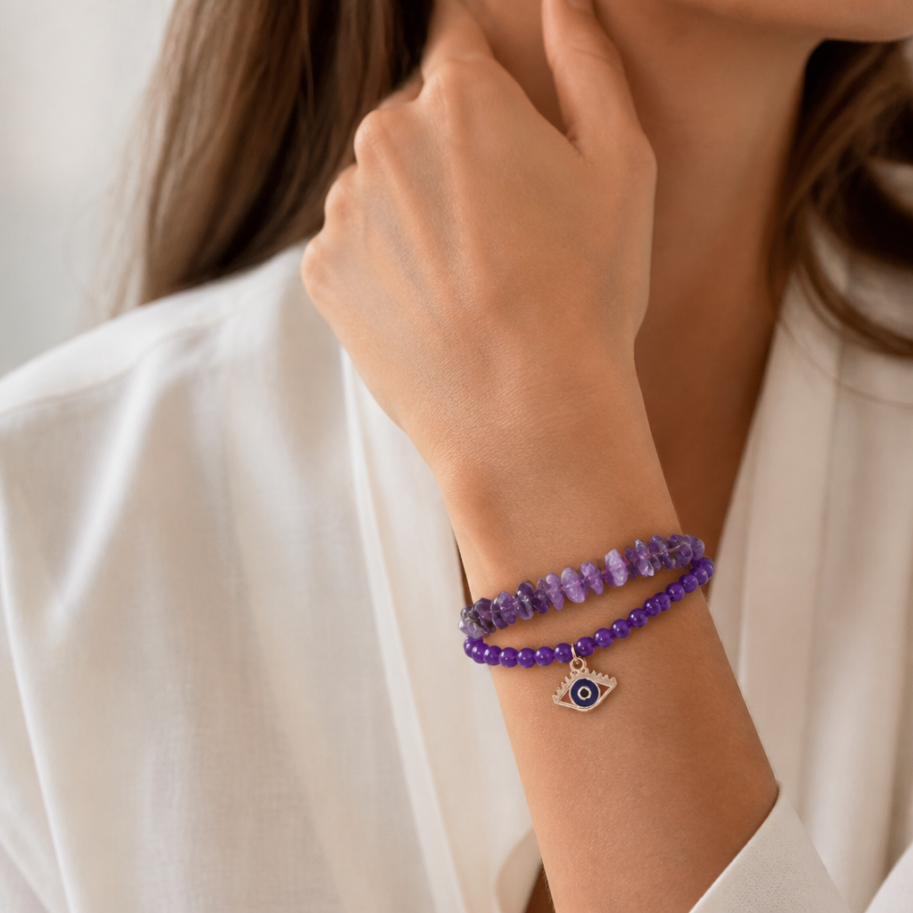 Doppelreihiges Amethyst Armband mit Augen-Anhänger