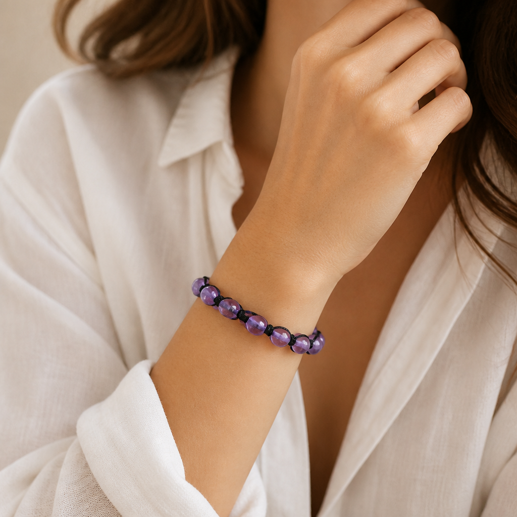 Verstellbares Amethyst Armband mit schwarzer Kordel