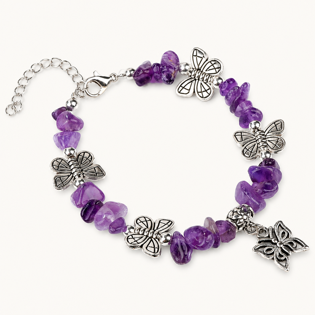 Amethyst Splitterarmband mit Libellen und Schmetterling