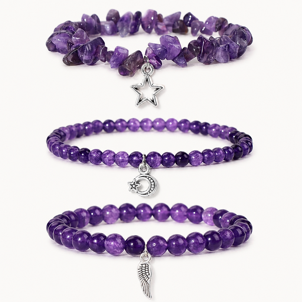 Amethyst Armband mit Stern-, Mond- und Flügelanhänger