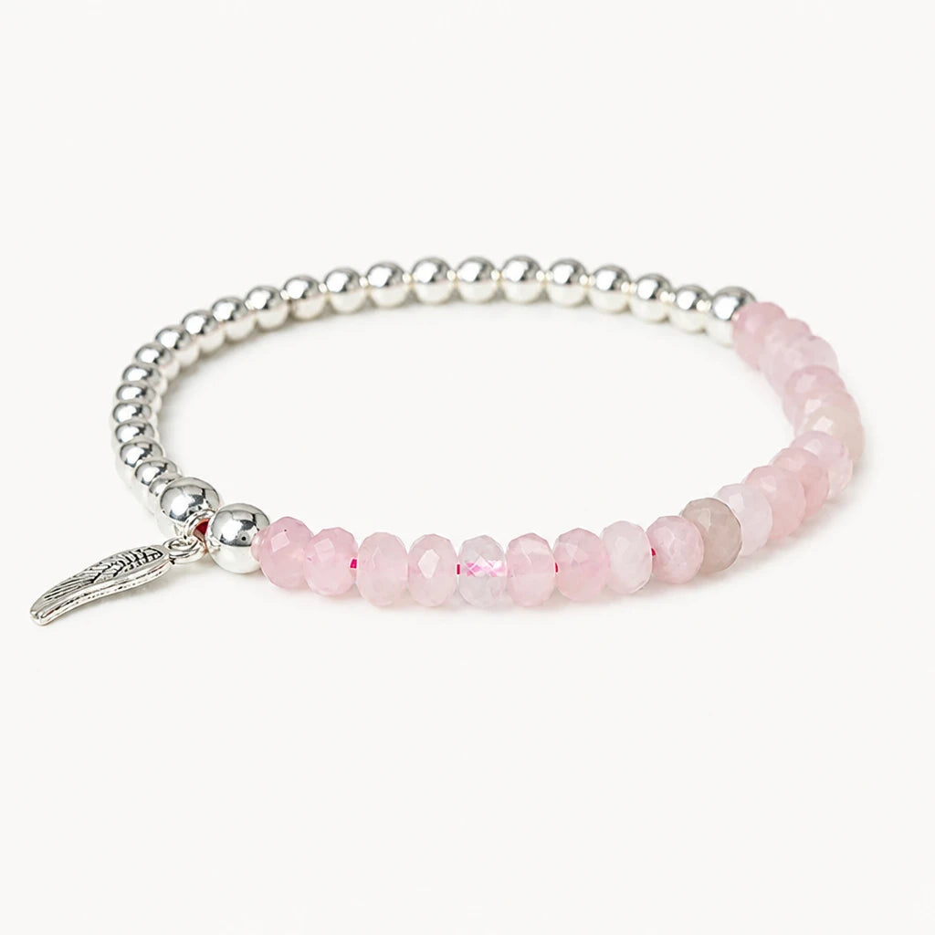 Rosenquarz Armband mit Silberperlen und Federanhänger