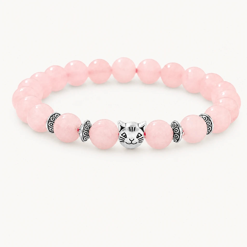 Rosenquarz Perlenarmband mit Katzenkopf