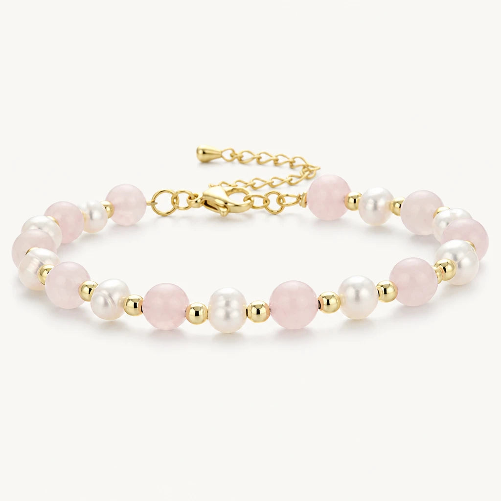 Rosenquarz Armband mit weißen Perlen