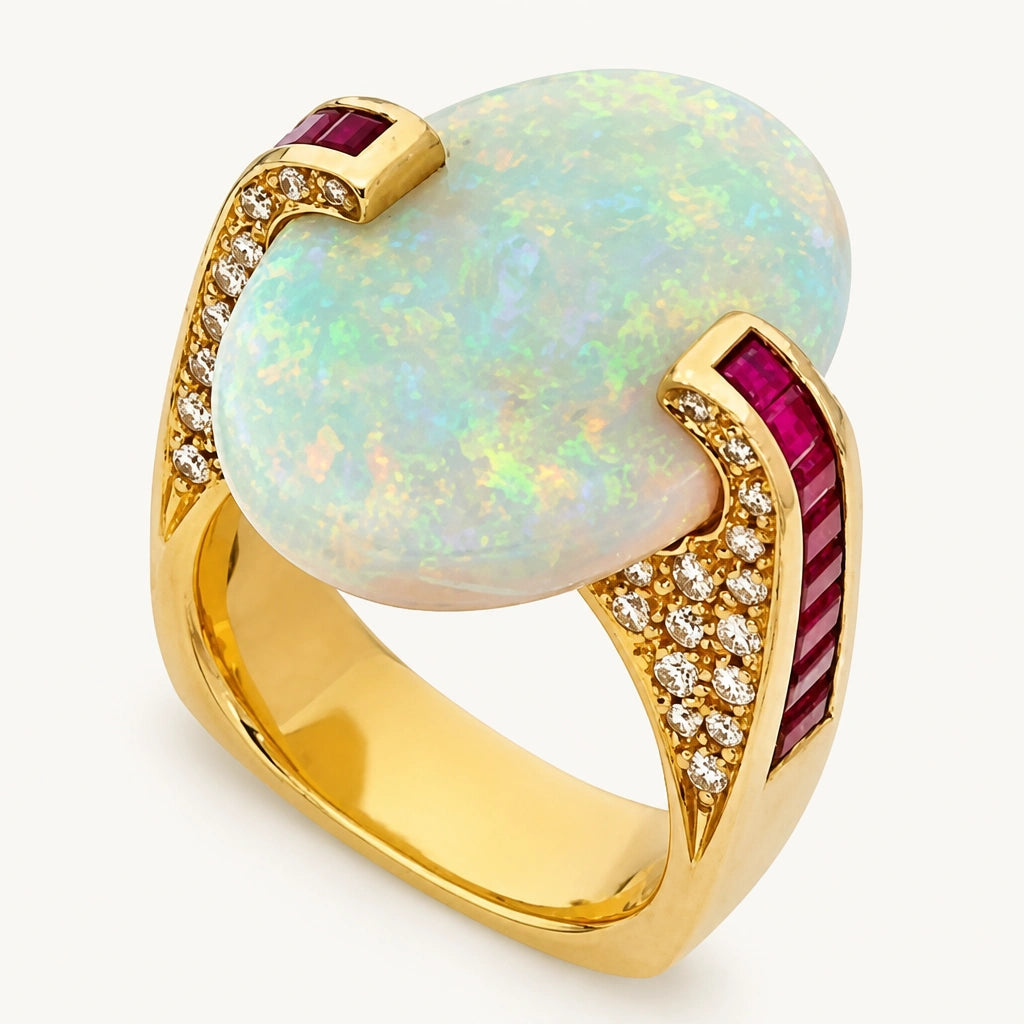 Opal Goldring mit großem ovalem Stein und roten Akzenten
