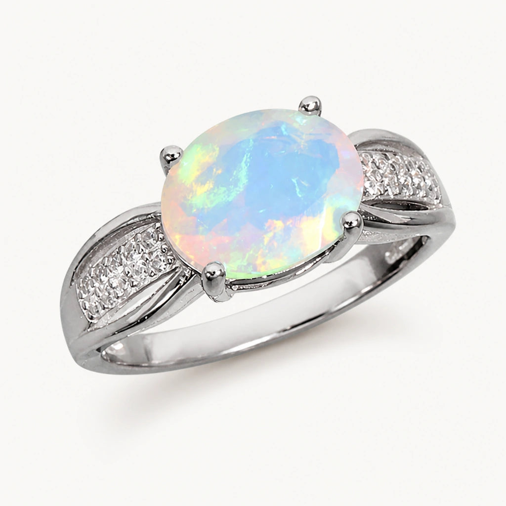 Opal Ring aus 925er Silber mit rundem Mittelstein und geteilter Ringschiene