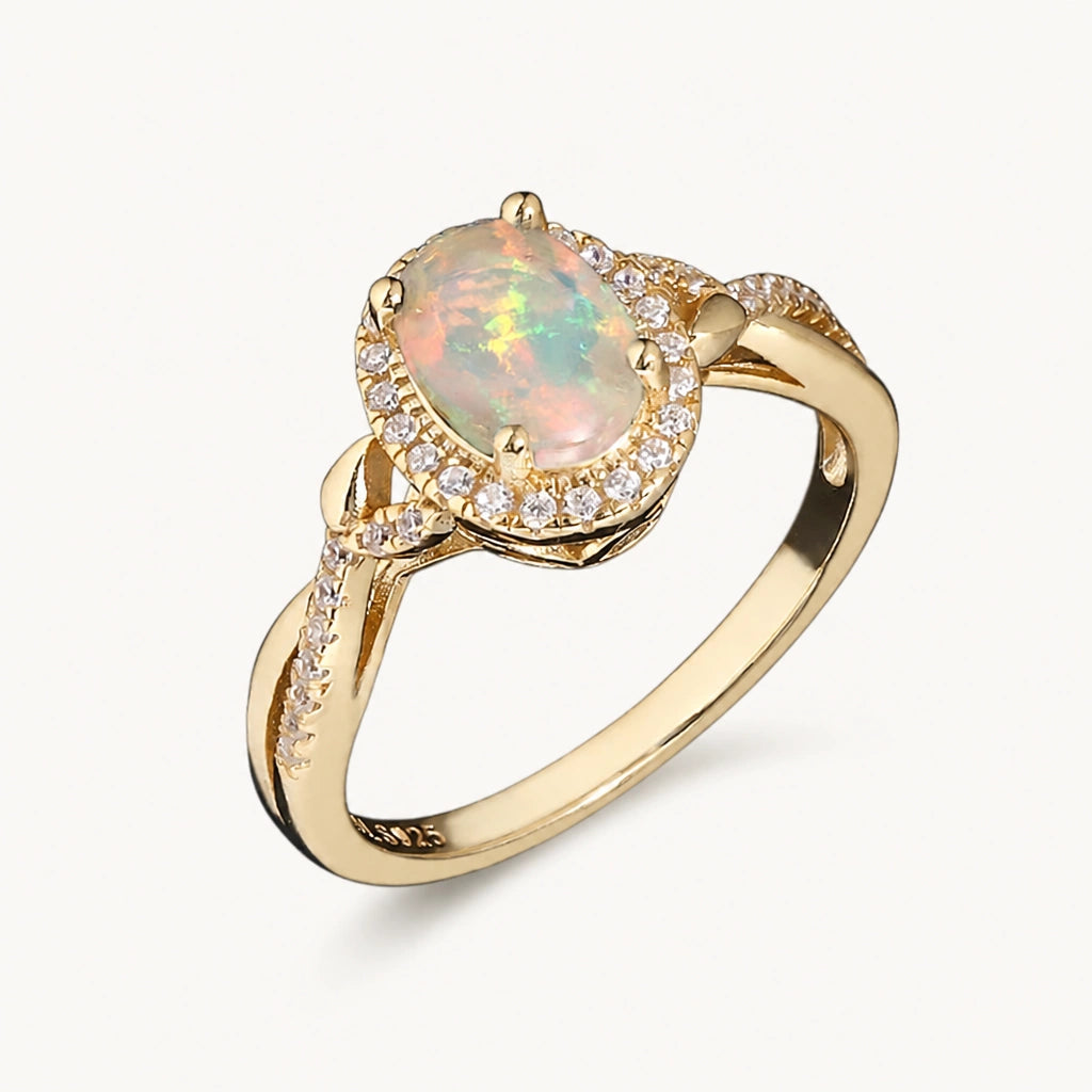 Opal Ring aus 925er Silber mit ovalem Stein und Halo-Fassung