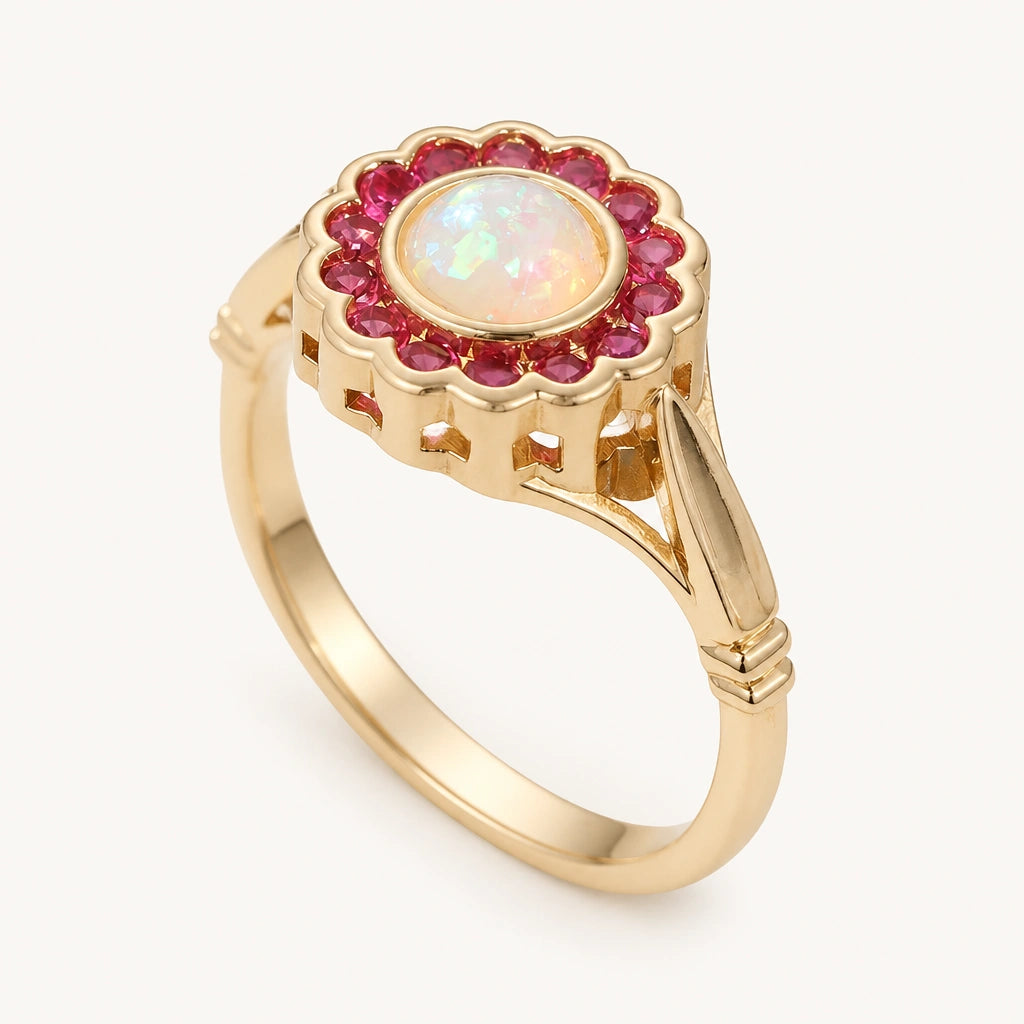 Opal Ring mit rundem Mittelstein und rotem Steinrahmen