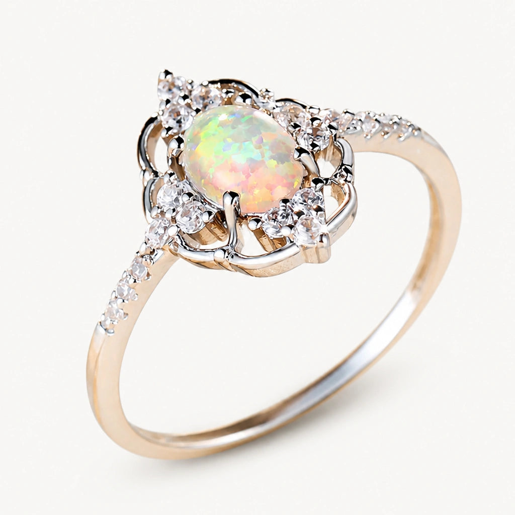 Opal Ring mit ovalem Mittelstein und Ornamentrahmen