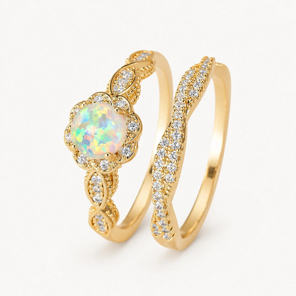 Opal Ring mit rundem Stein und Blütenkranz