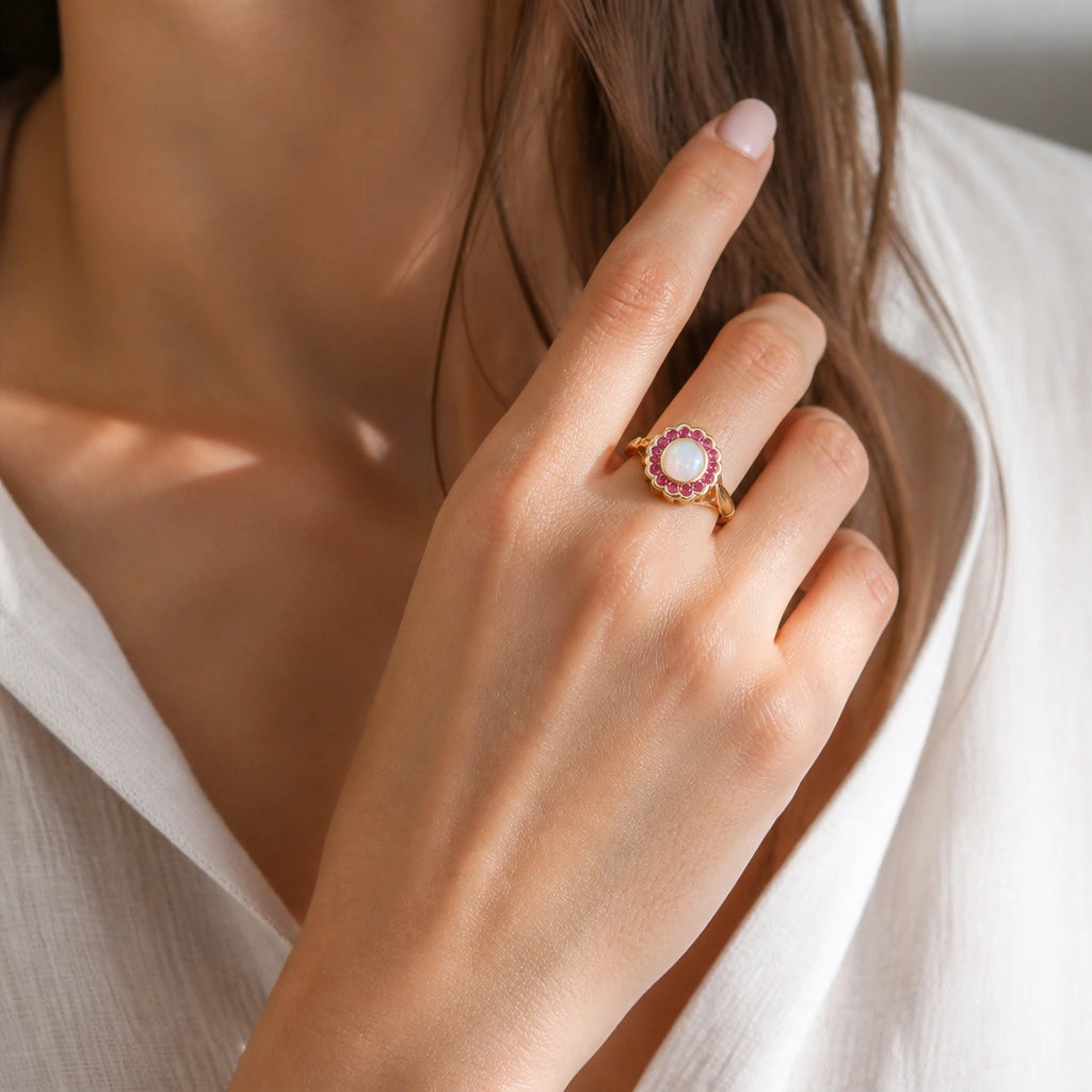 Opal Ring mit rundem Mittelstein und rotem Steinrahmen