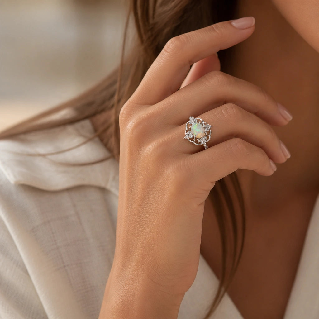 Opal Ring mit ovalem Mittelstein und Ornamentrahmen