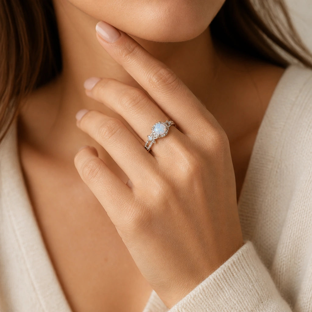 Opal Ring aus 925er Silber mit floralem Steinbesatz