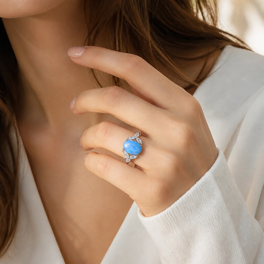 Blauer Opal Ring mit ovalem Stein und Blattmotiven