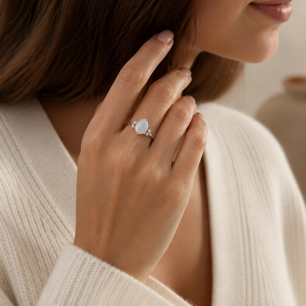 Opal Ring mit tropfenförmigem Stein und Blättern