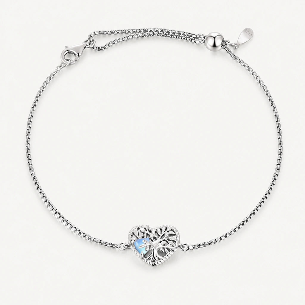 Mondstein Armband aus 925er Silber mit Lebensbaum-Herz