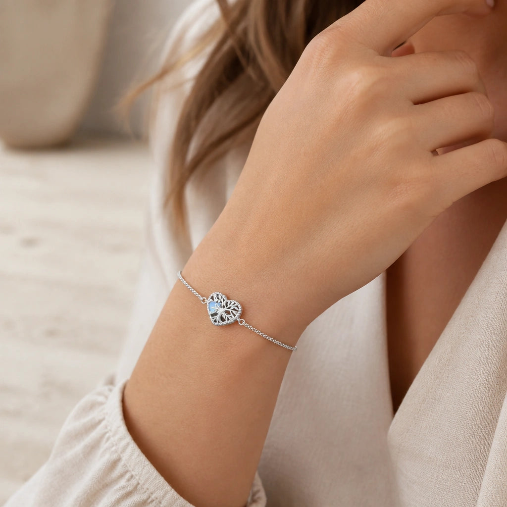 Mondstein Armband aus 925er Silber mit Lebensbaum-Herz