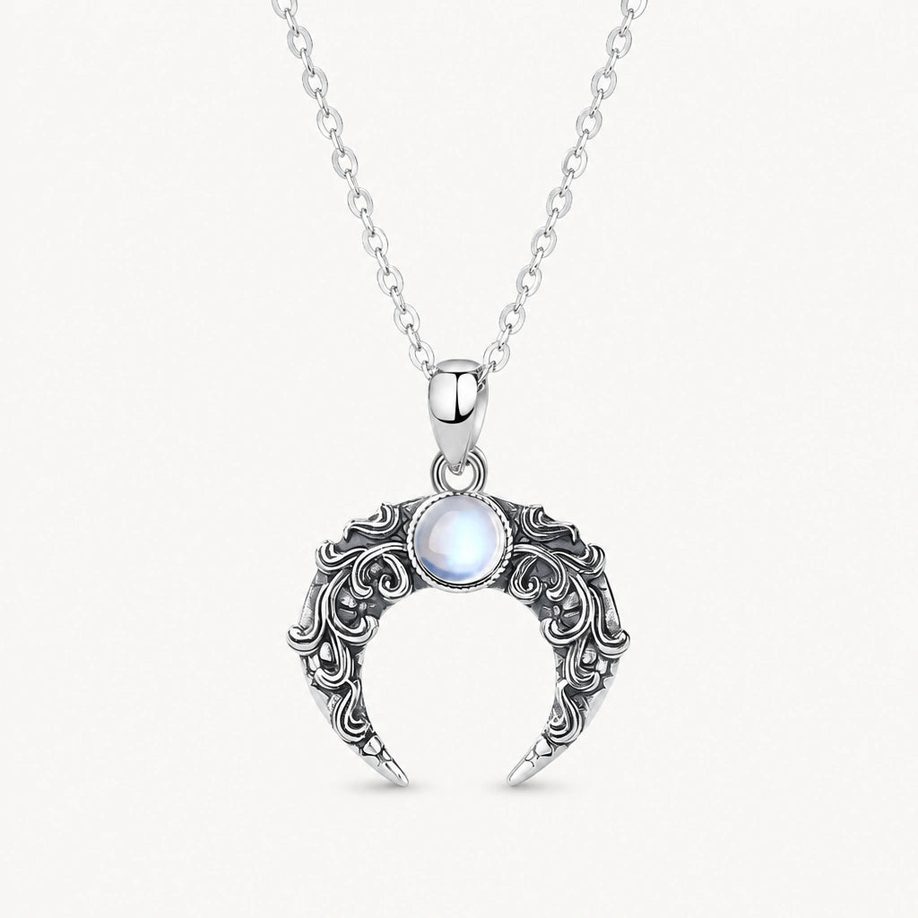Mondstein Kette aus 925er Silber mit verzierter Mondsichel