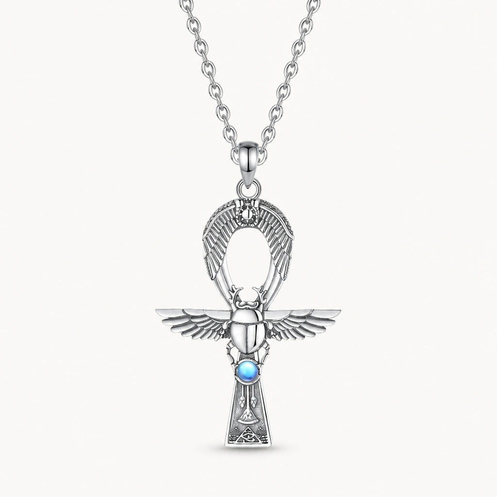 Mondstein Kette aus 925er Silber mit Ankh- und Skarabäusanhänger