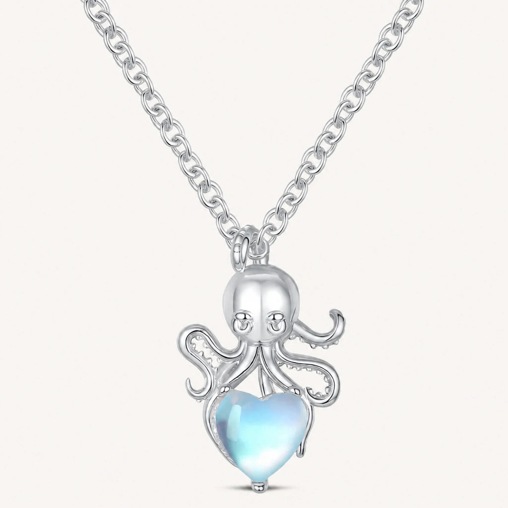 Mondstein Kette aus 925er Silber mit Oktopus und Herzanhänger