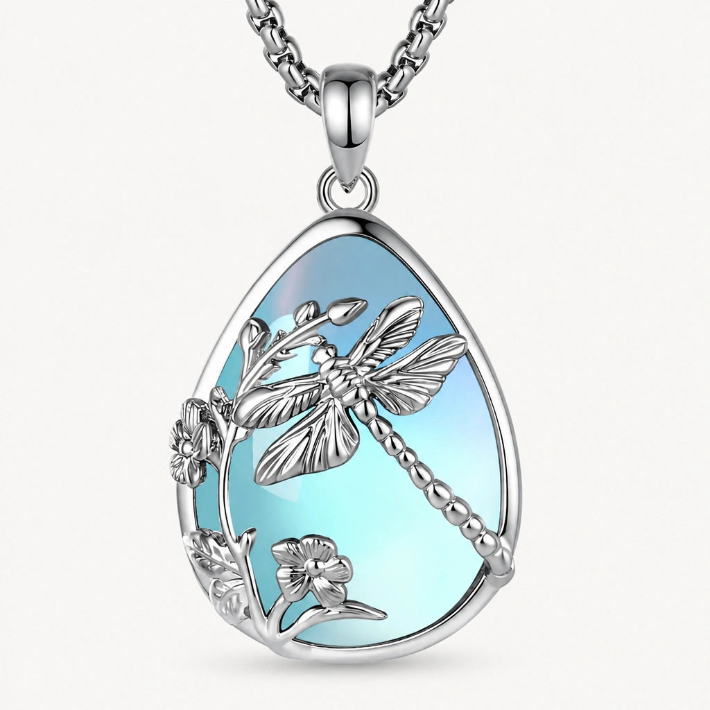 Mondstein Kette aus 925er Silber mit Libellen- und Blumenmotiv