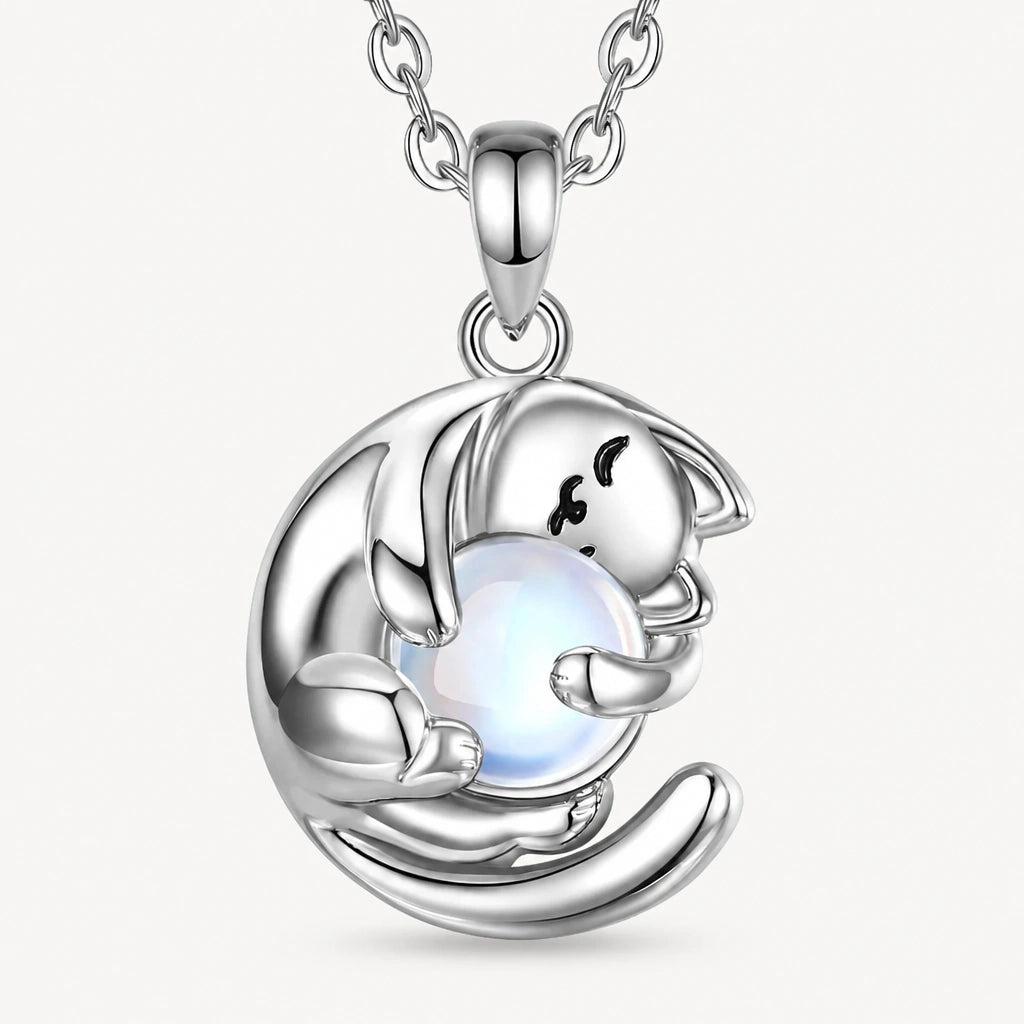 Mondstein Kette aus 925er Silber mit schlafender Katze