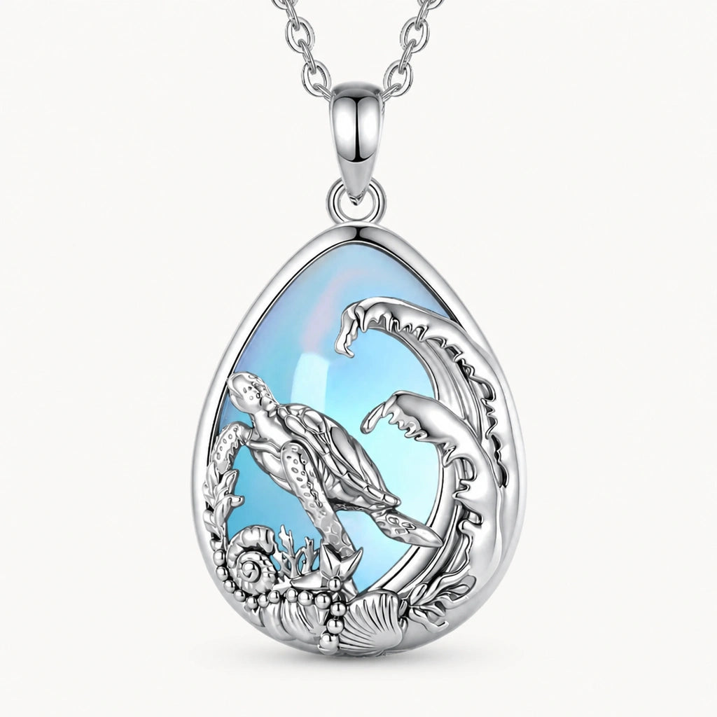 Mondstein Kette aus 925er Silber mit Meeresschildkröte und Wellen