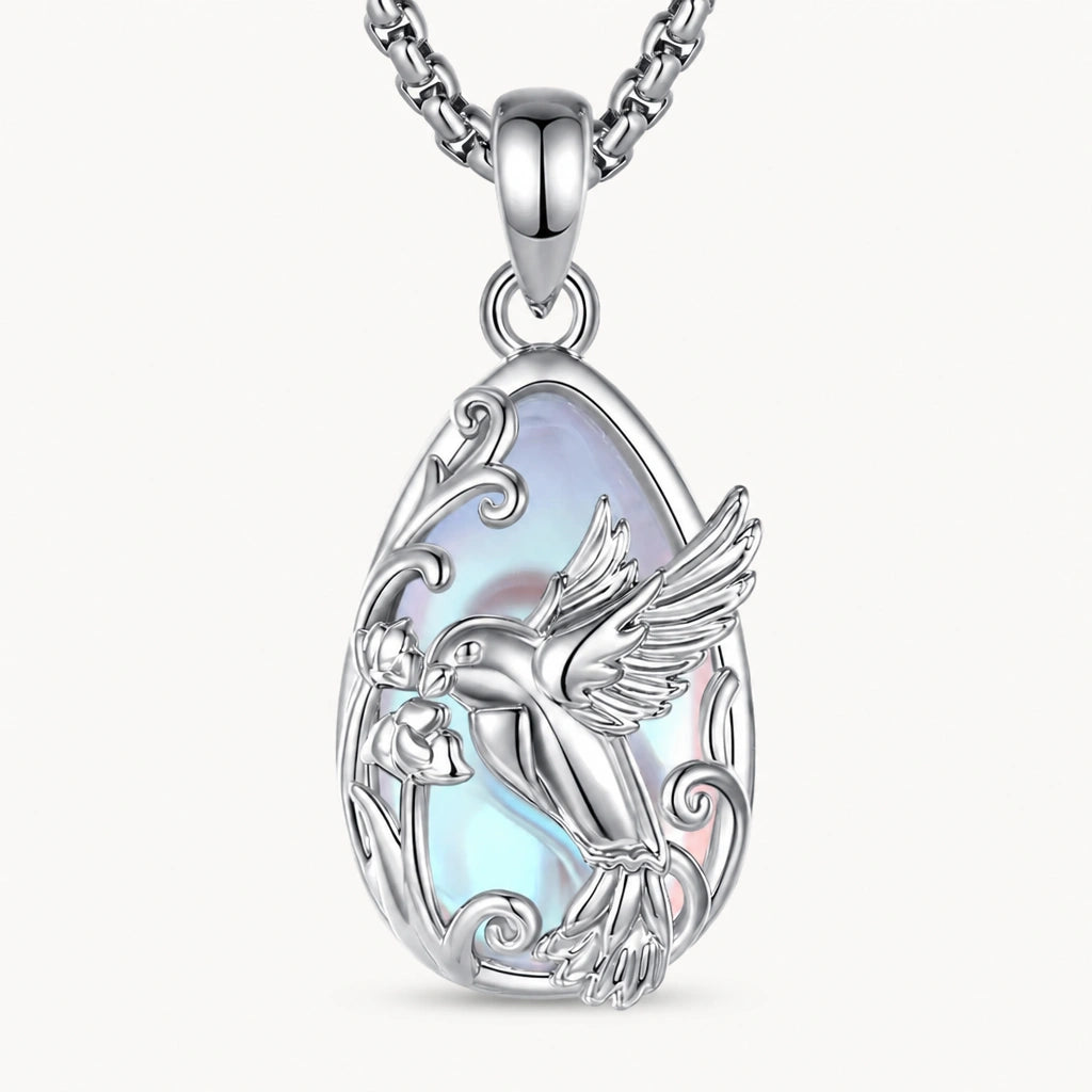 Mondstein Kette aus 925er Silber mit Kolibri und Blüte