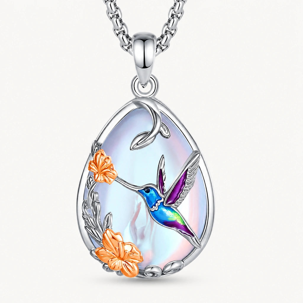 Mondstein Kette aus 925er Silber mit Kolibri und Blüten