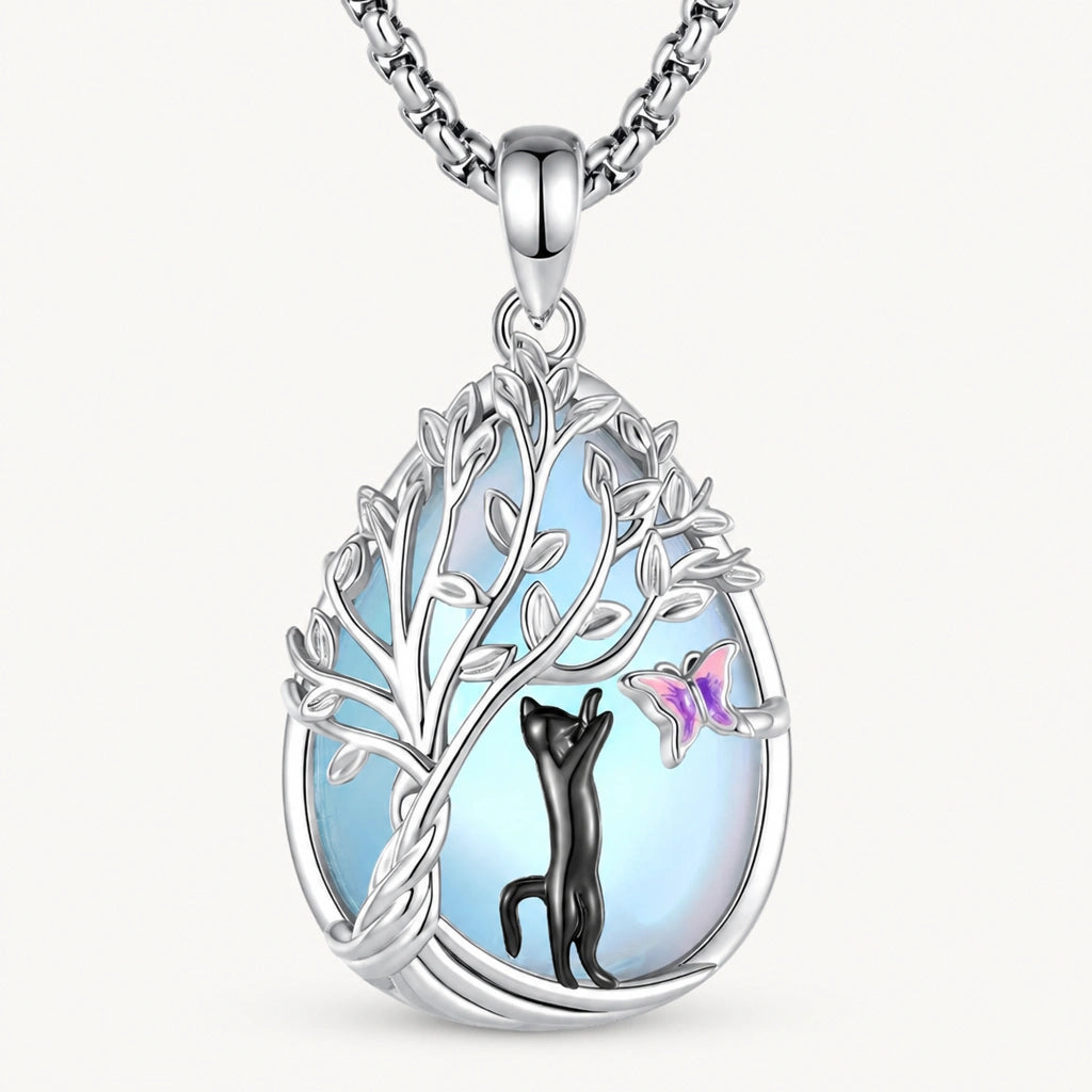 Mondstein Kette aus 925er Silber mit Katze, Baum und Schmetterling