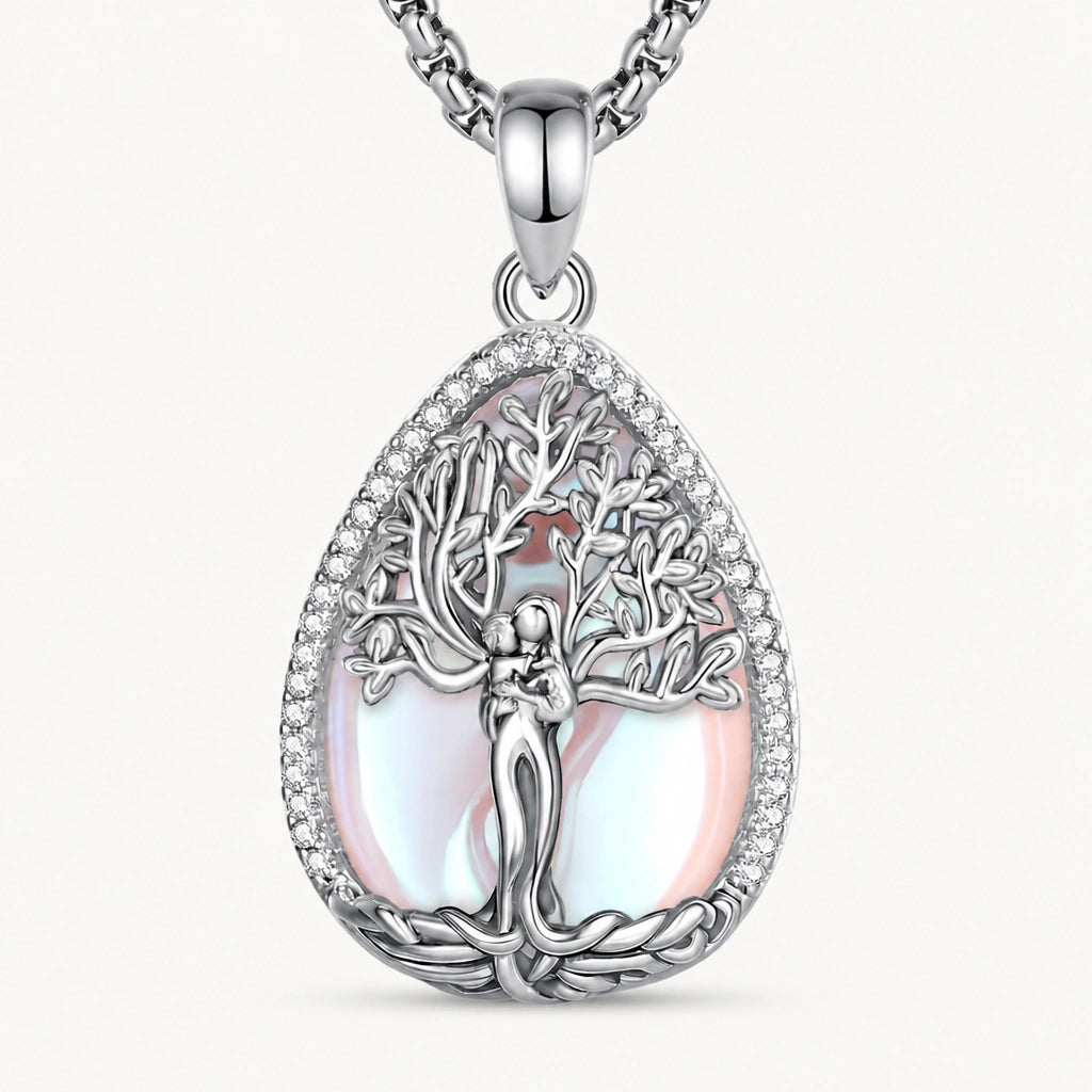 Mondstein Kette aus 925er Silber mit Liebespaar unter Lebensbaum